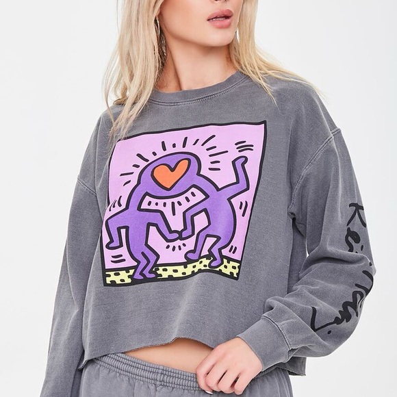 keith haring Tops - Keith Haring Graphic Heart Pullover Cropped Sweatshirt S/M